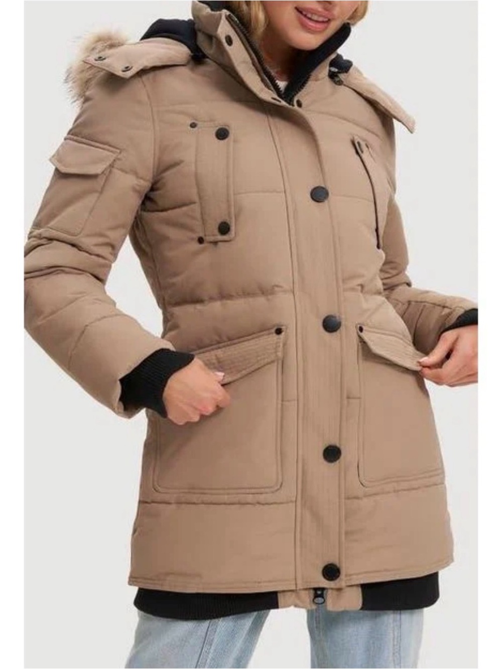 Noize Women's Tan Insulated Hooded Puffer Parka with Faux-Fur Trim